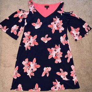 Connected Apparel Cold Shoulder Navy Coral Floral Dress 16